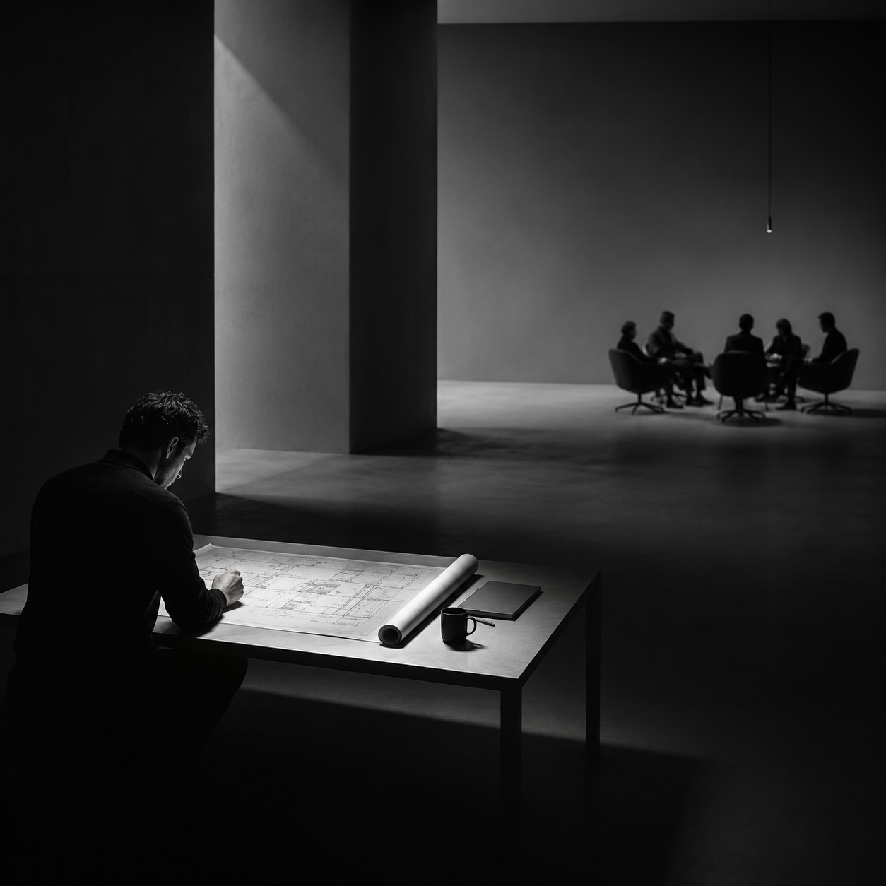 Professional working apart from a group, illustrating the gap between being right and being influential.